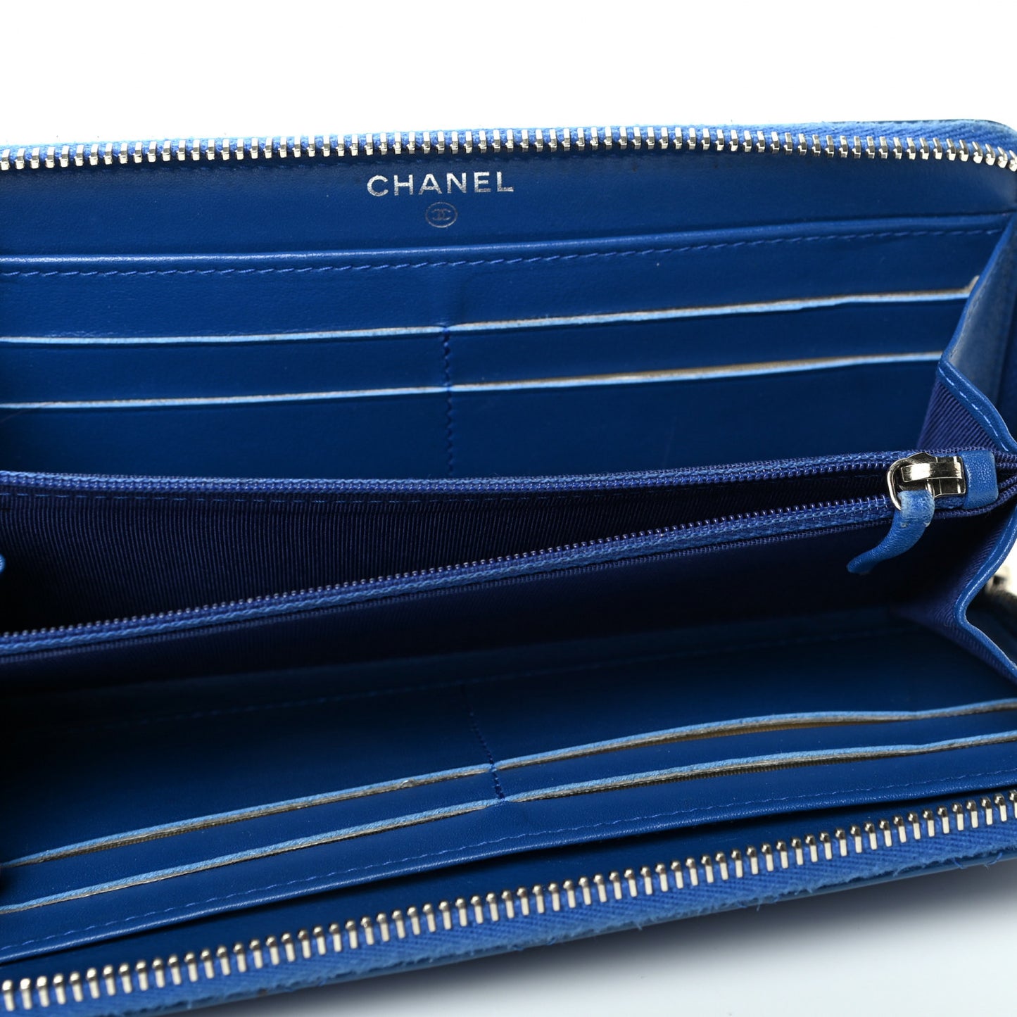 Patent Calfskin Quilted Large Gusset Zip Around Wallet Blue