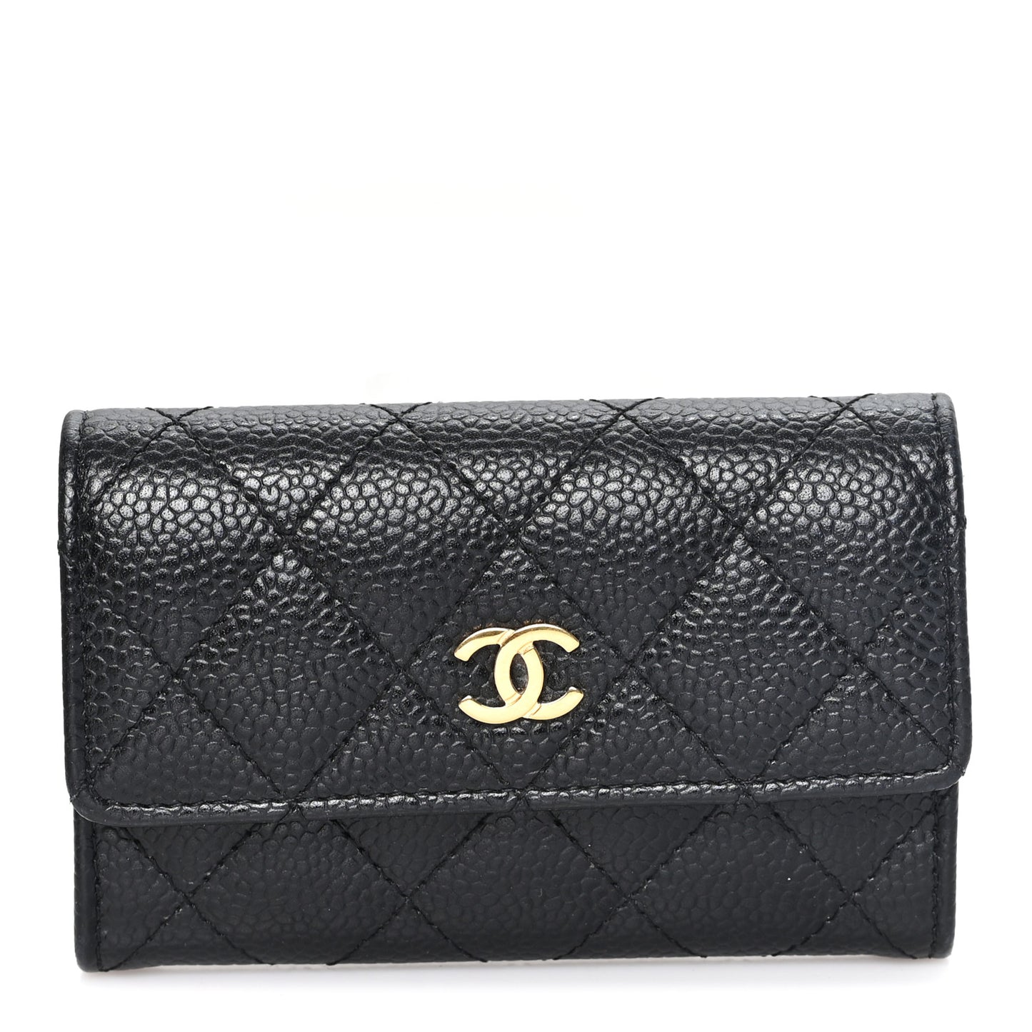 Caviar Quilted Flap Card Holder Wallet Black