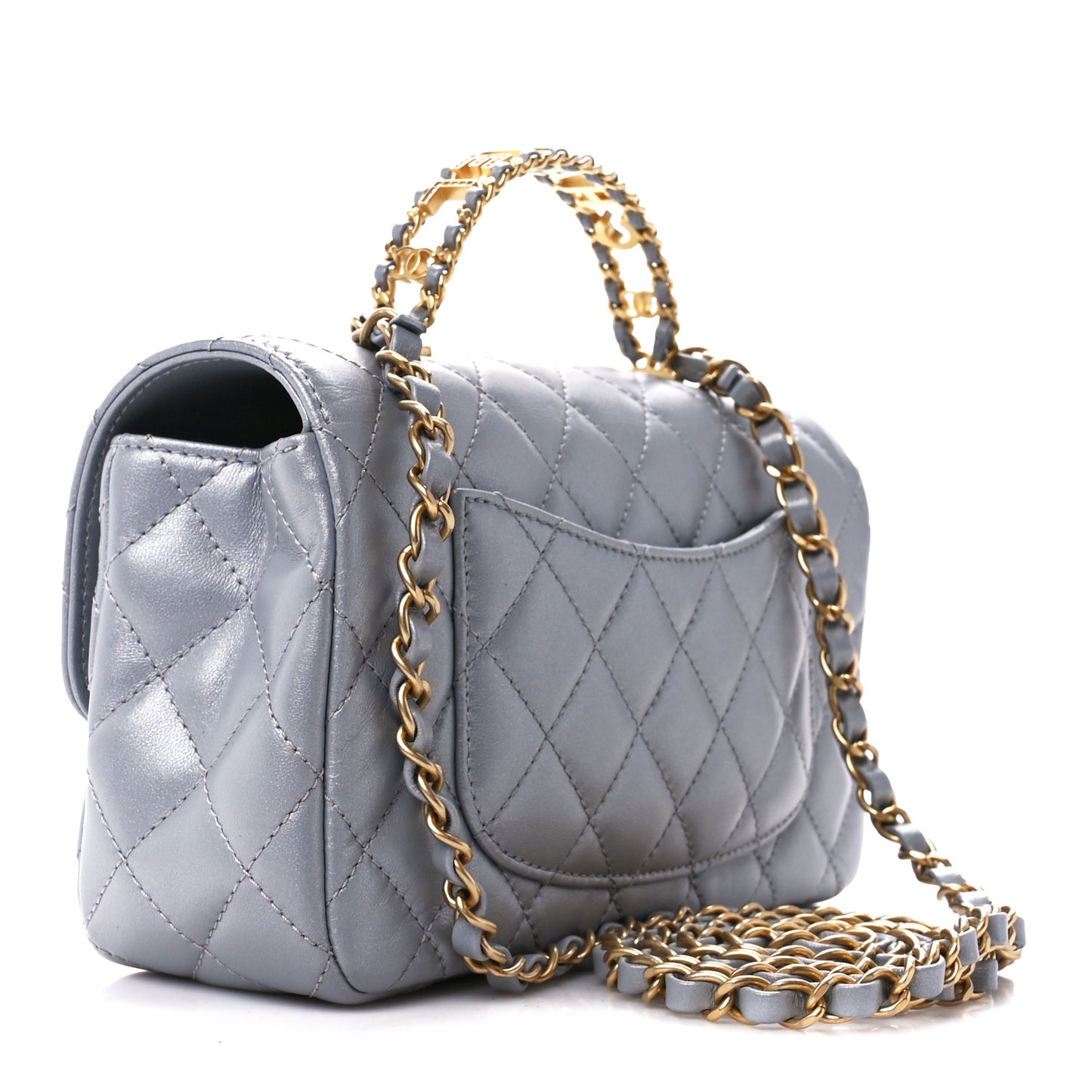 Metallic Lambskin Quilted Mini Strass On Top Flap Silvery
