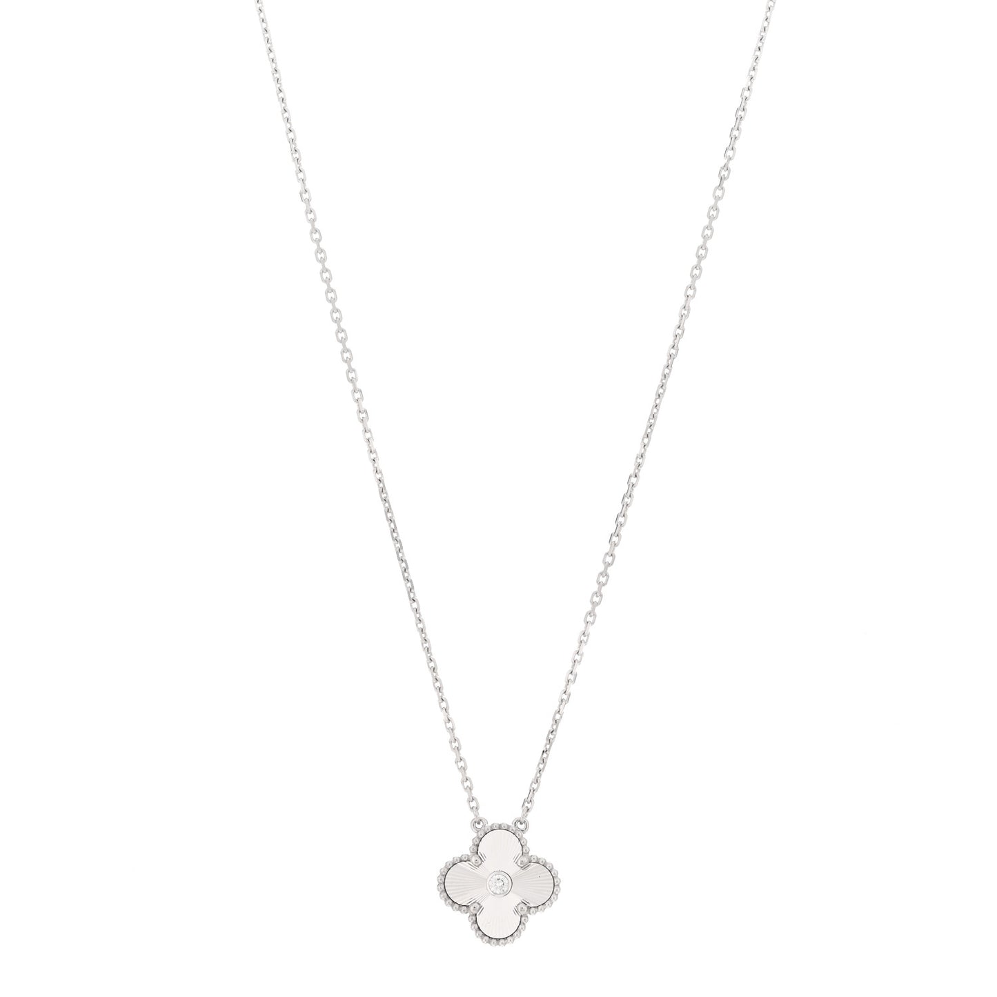 18K White Gold Diamond Guilloche Vintage Alhambra Pendant Necklace