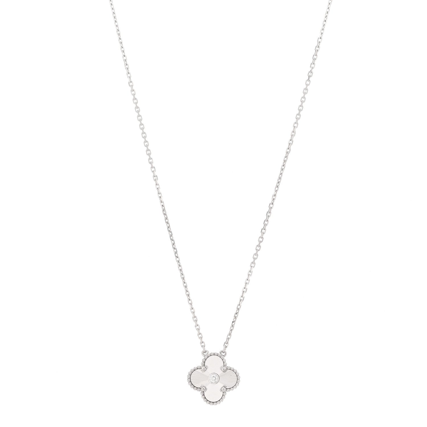 Van Cleef & Arpels 18K White Gold Diamond Guilloche Vintage Alhambra Pendant Necklace 1 of 6