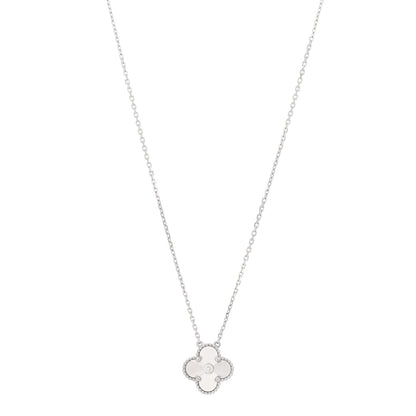 Van Cleef & Arpels 18K White Gold Diamond Guilloche Vintage Alhambra Pendant Necklace 1 of 6