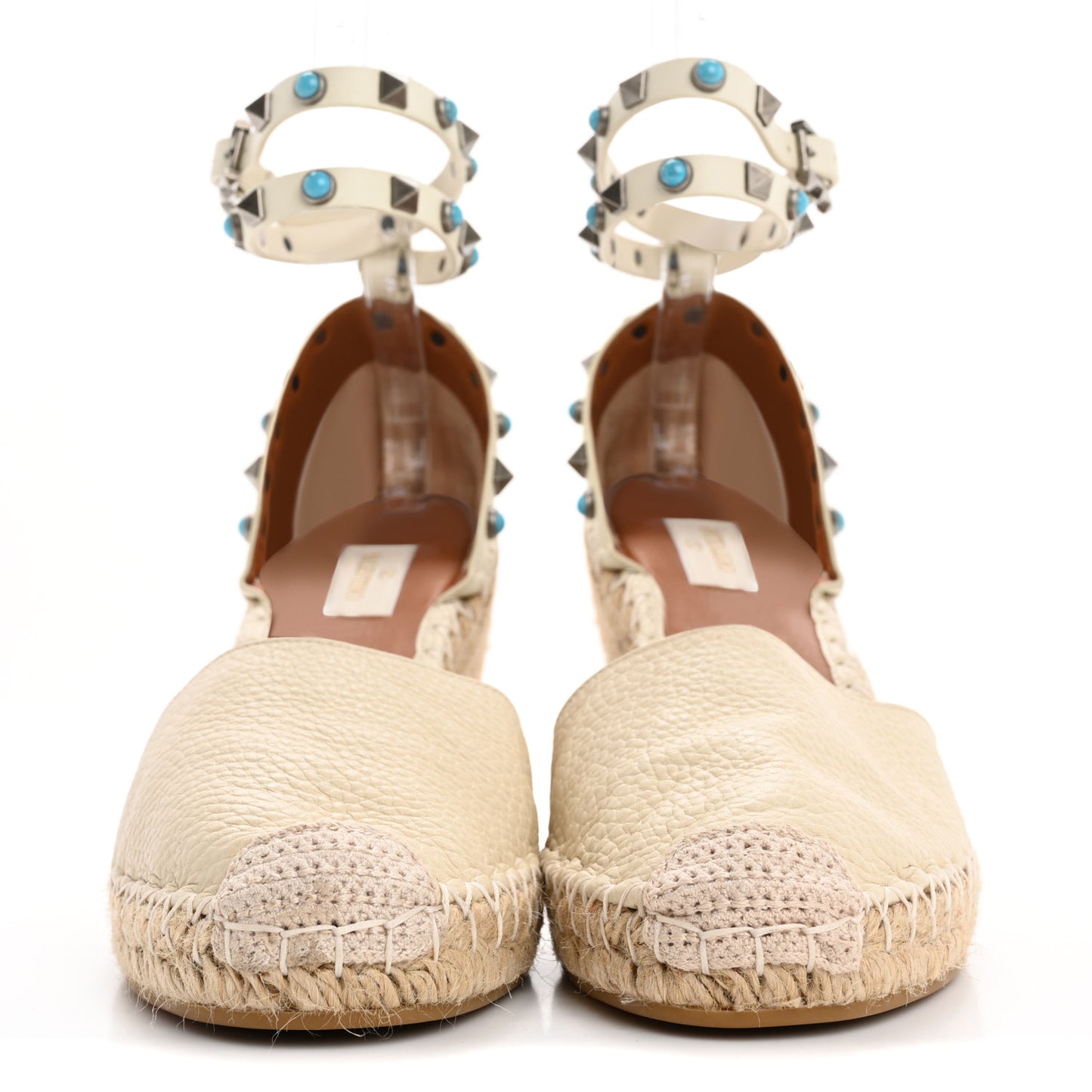 Grained Calfskin Turquoise Rockstud Rolling Ankle Wrap Espadrille 20mm Flats 40 Light Ivory Natural