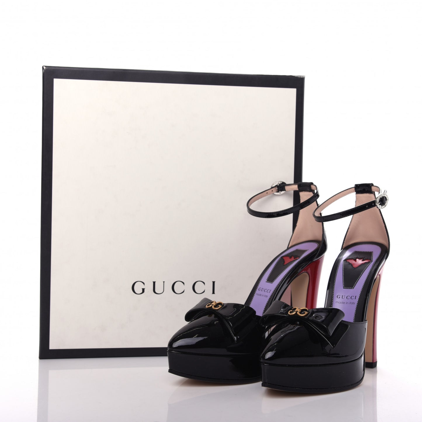 Patent Crystal GG Bow Sadie Spike Ankle Strap d'Orsay Platform High Heel Pumps 35.5 Black