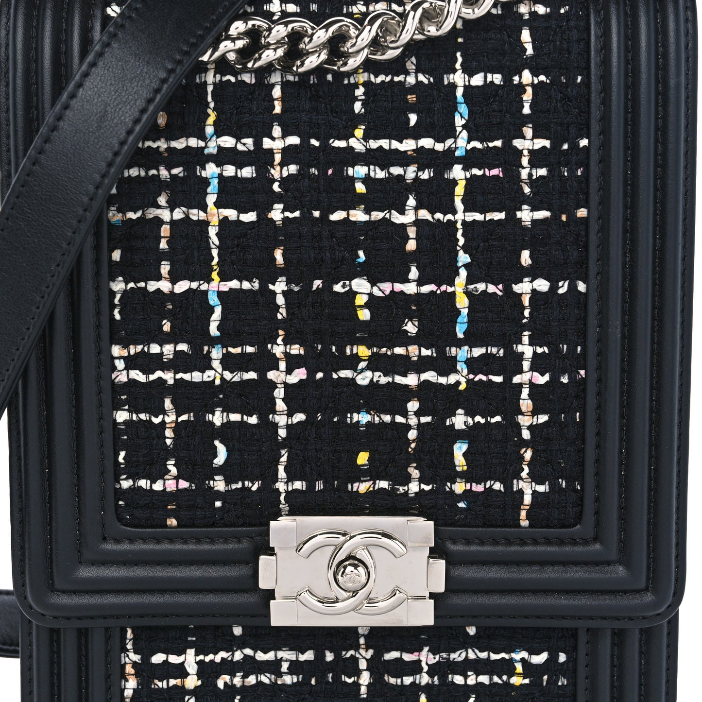 Calfskin Tweed Quilted North South Boy Flap Black