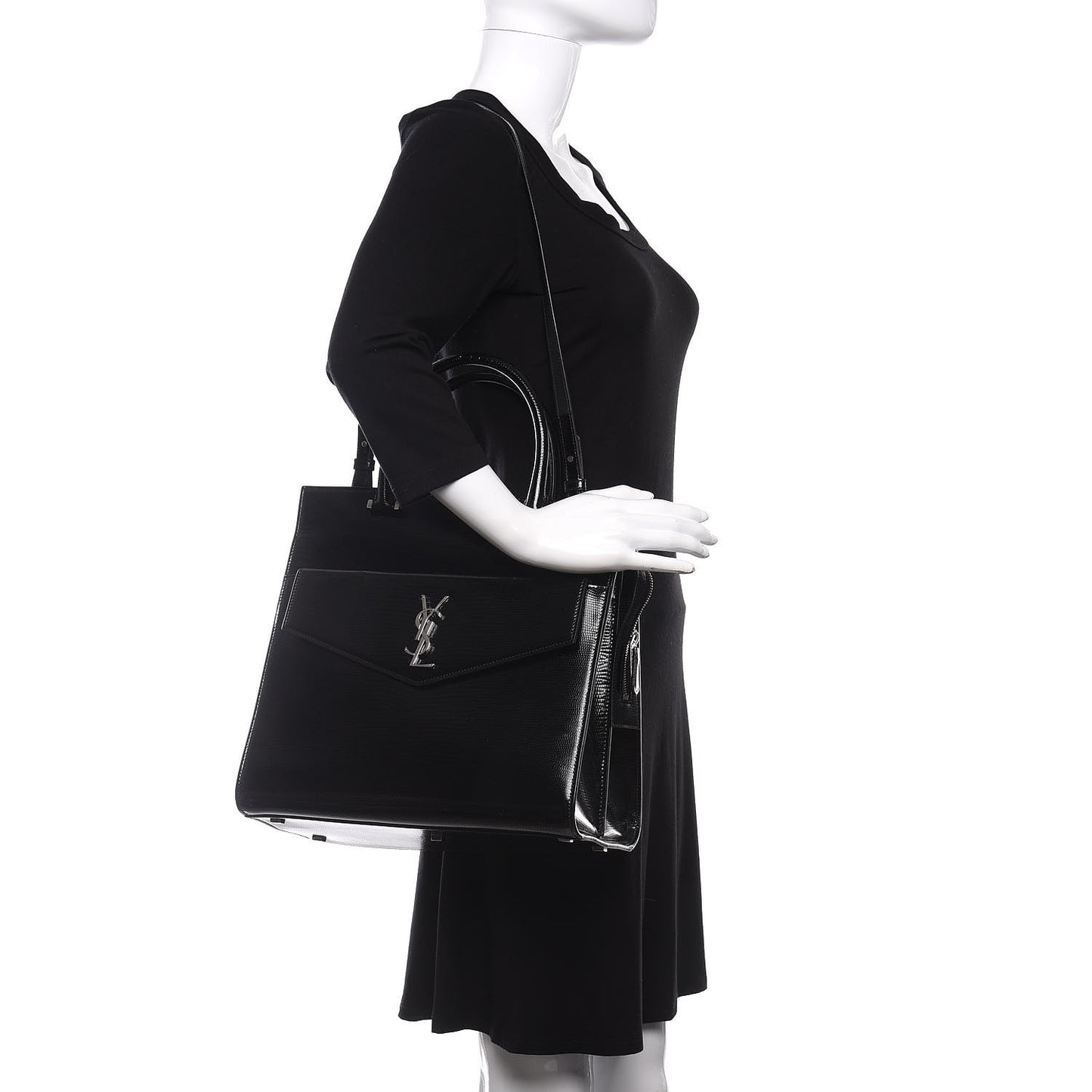 Shiny Calfskin Lizard Embossed Large Uptown Tote Black