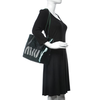 Miu Miu Paillettes Sequin Logo Tote Smeraldo Argent 2 of 8