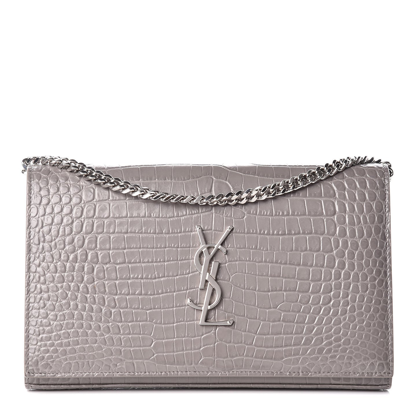 Calfskin Crocodile Embossed Monogram Chain Wallet Fog