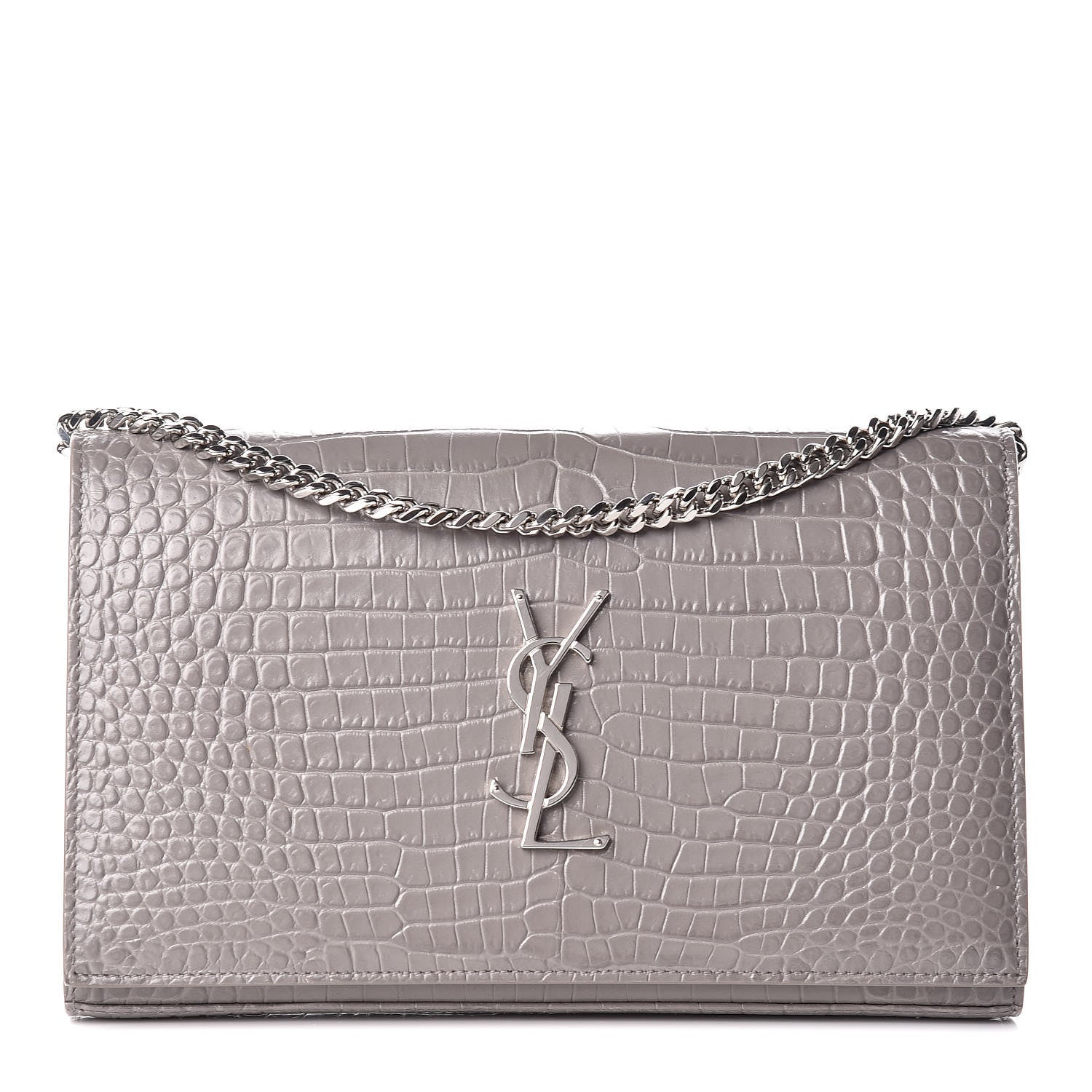Saint Laurent Calfskin Crocodile Embossed Monogram Chain Wallet Fog 1 of 8