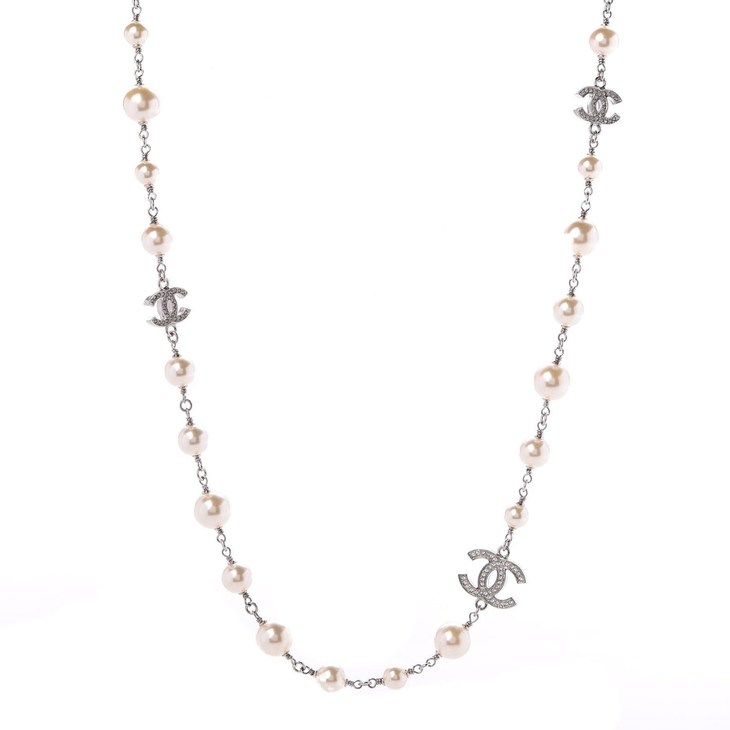 Crystal Pearl CC Long Necklace Silver