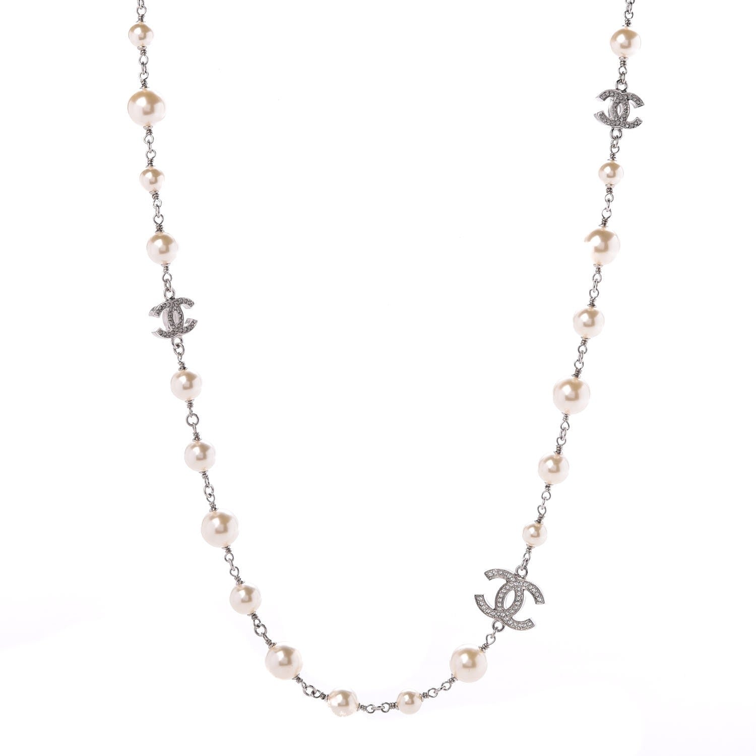 Chanel Crystal Pearl CC Long Necklace Silver 1 of 5