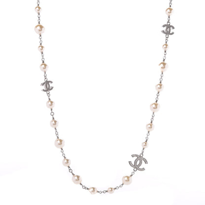 Chanel Crystal Pearl CC Long Necklace Silver 1 of 5