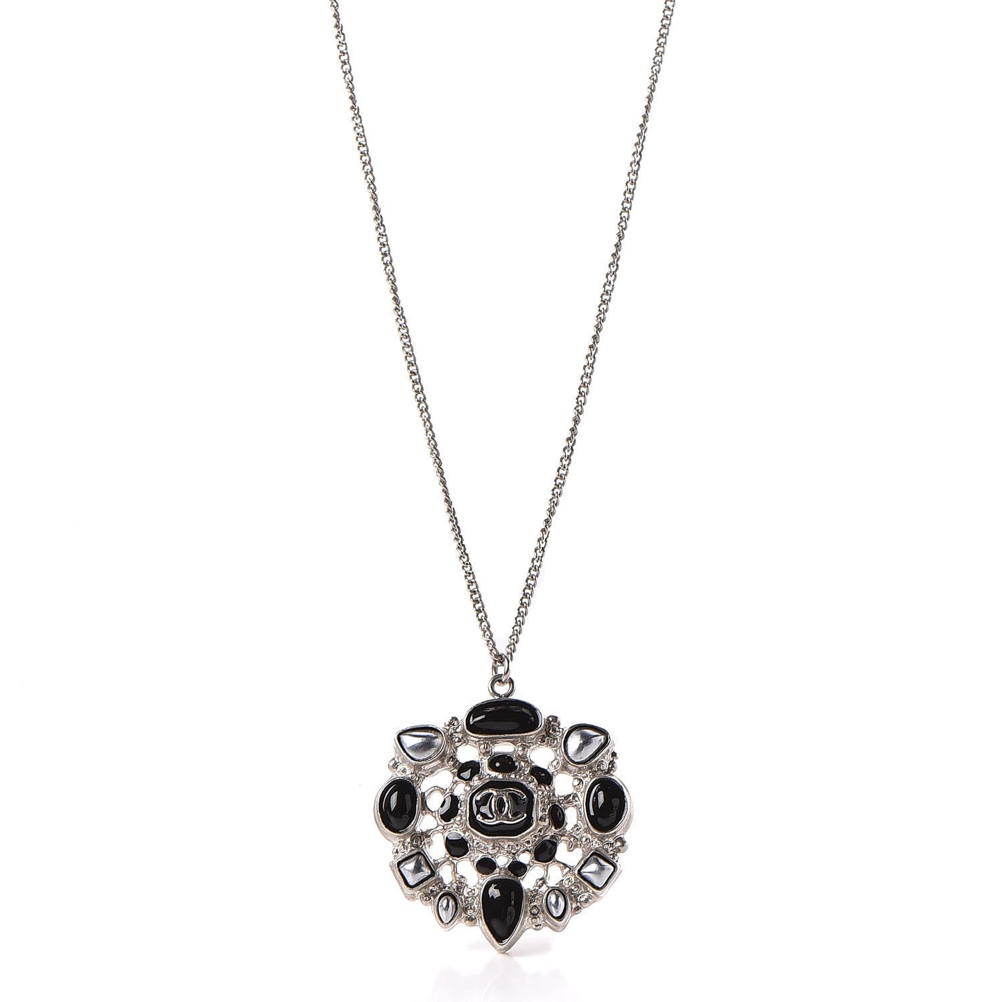 Gripoix Poured Glass CC Pendant Necklace Black Silver