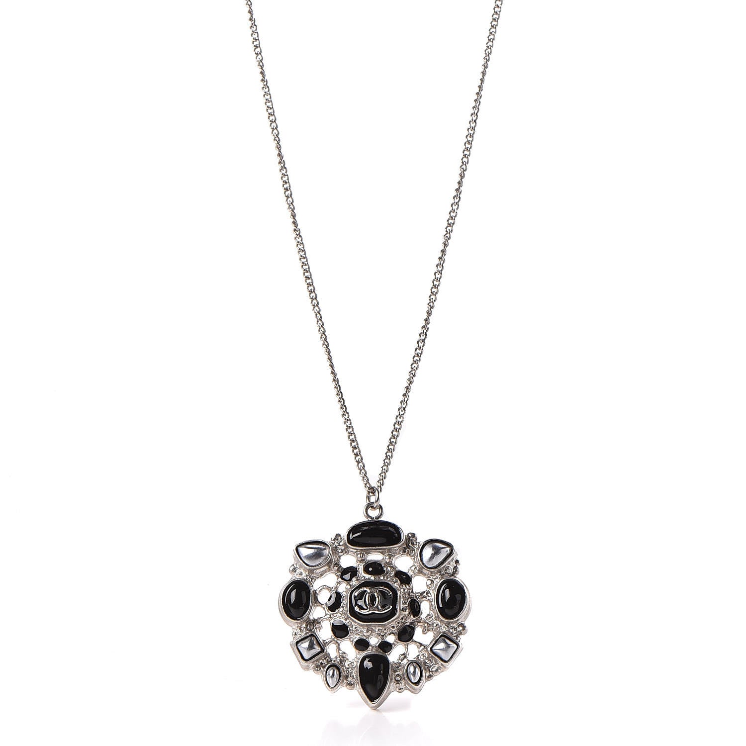 Chanel Gripoix Poured Glass CC Pendant Necklace Black Silver 1 of 5