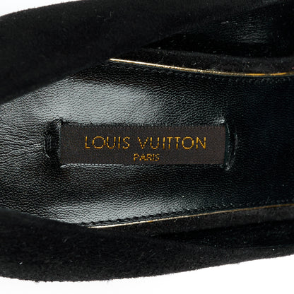 Louis Vuitton Suede Crystal Peep Toe Wedge 37 Black 7 of 8