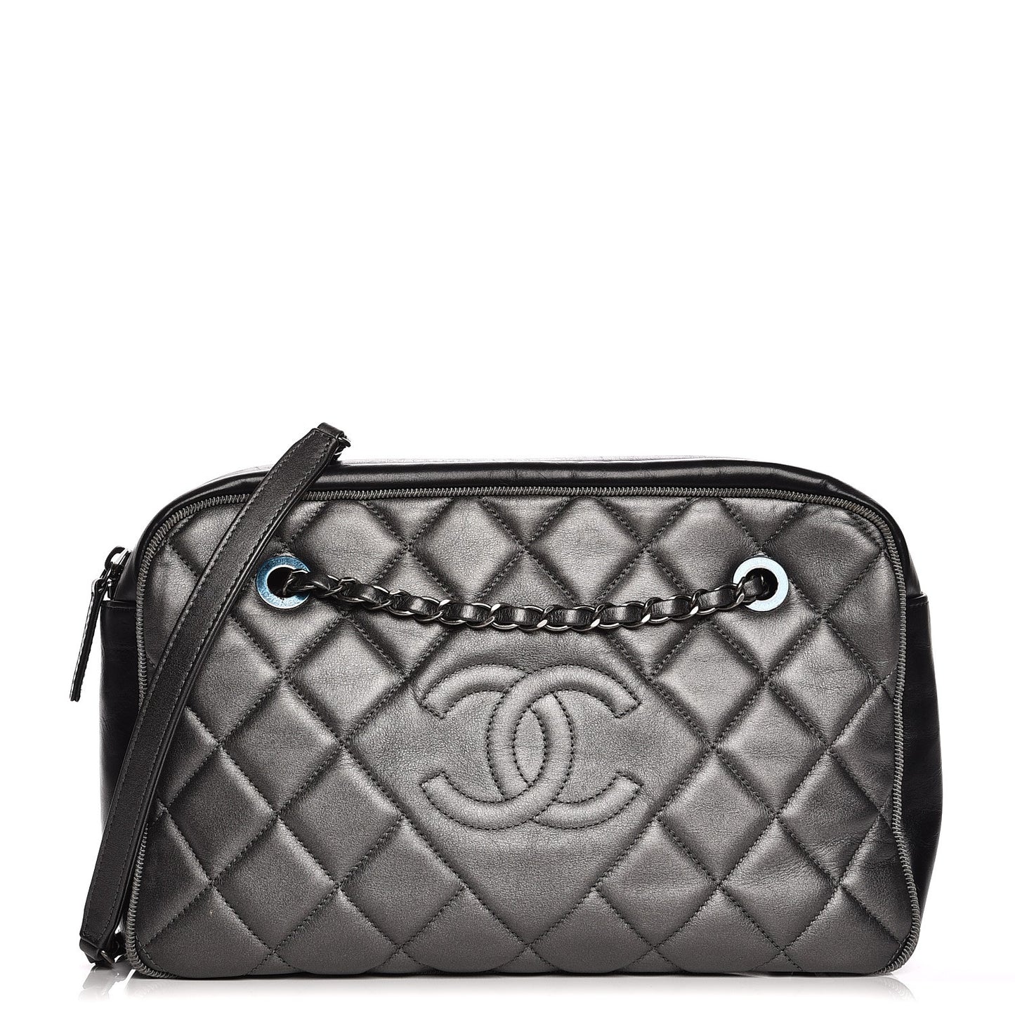 Metallic Calfskin Quilted Large Ballerine Camera Case Dark Grey Black