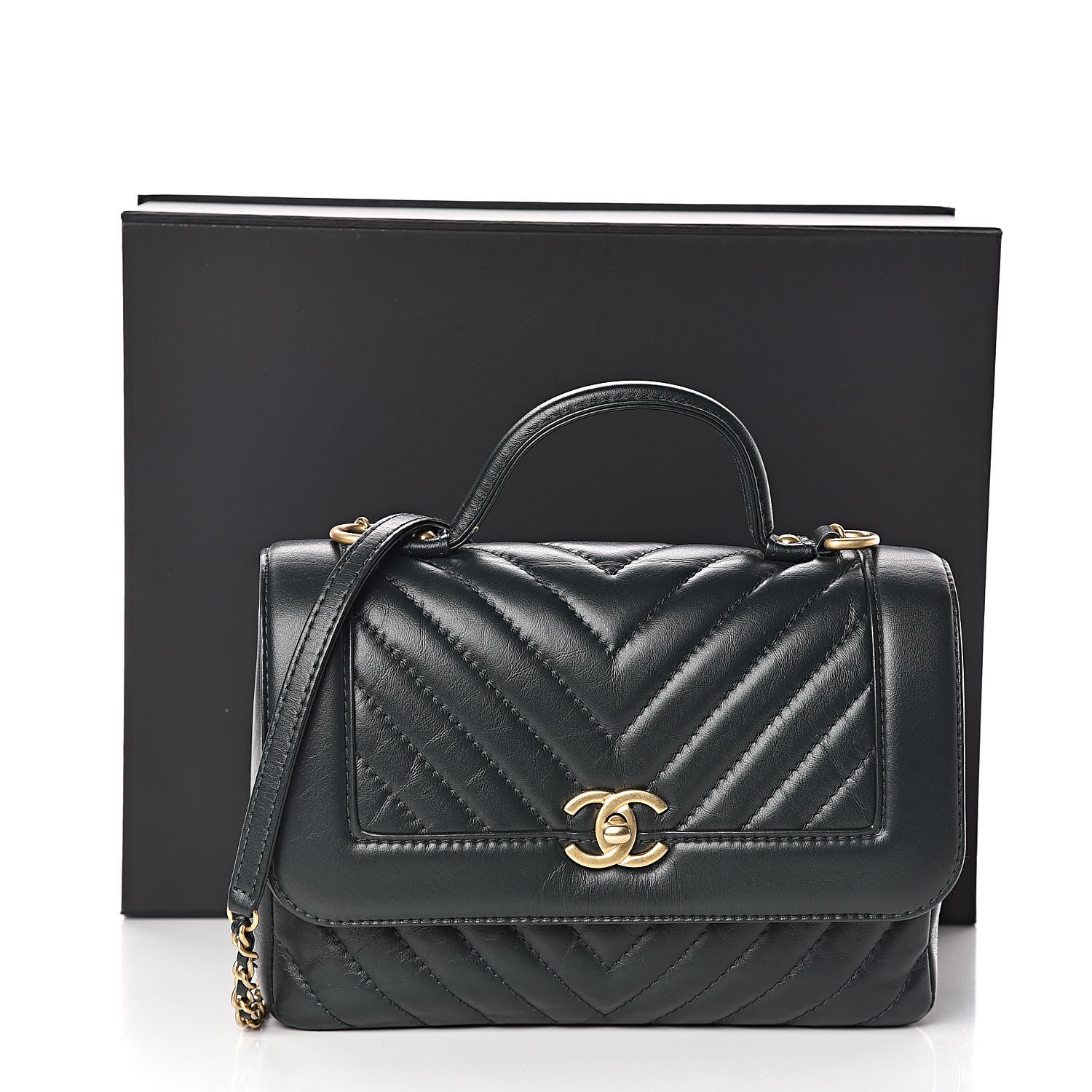 Chanel Calfskin Chevron Quilted Top Handle Flap Green 11 of 11