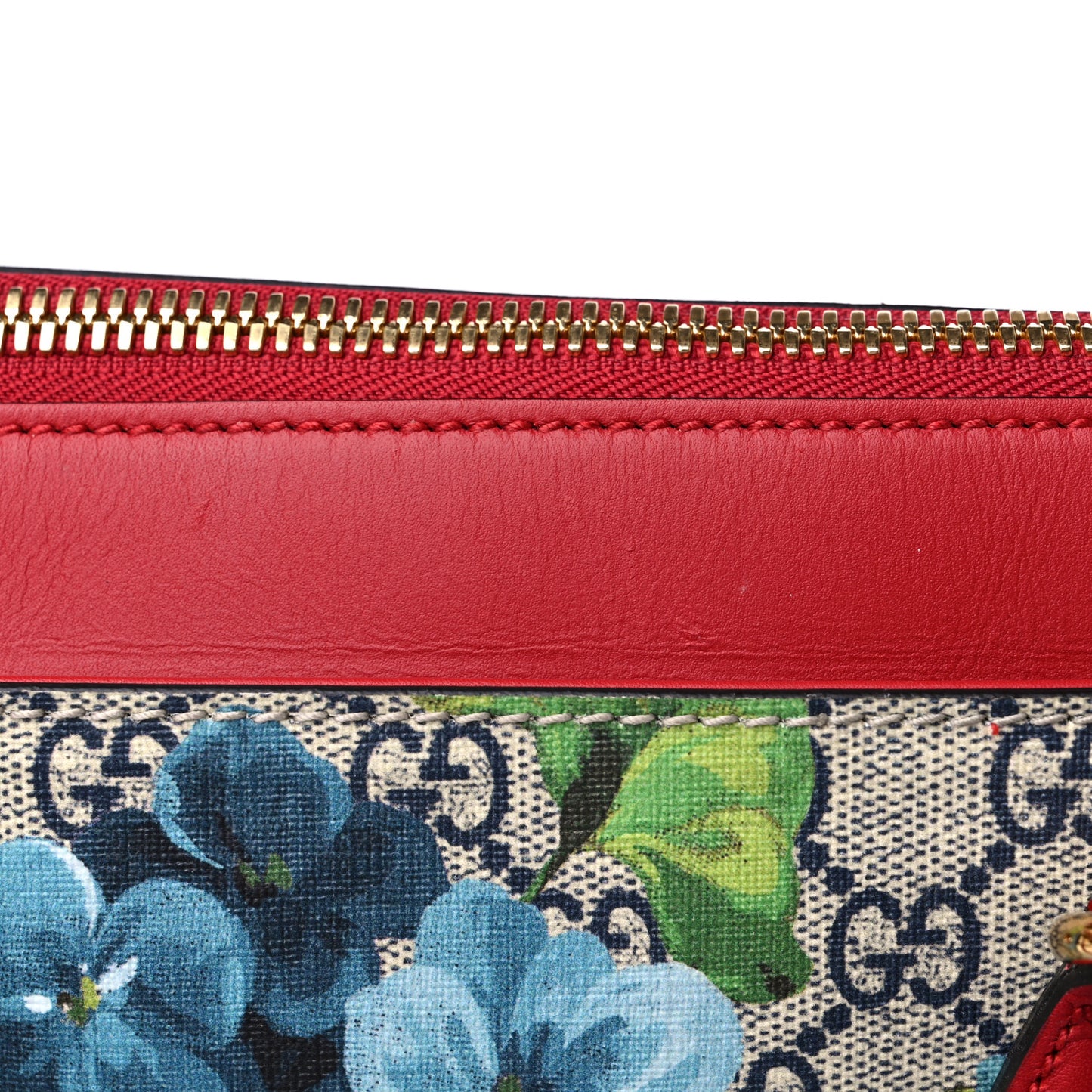 GG Supreme Monogram Blooms Medium Zippered Bucket Tote Beige Blue Navy Hibiscus Red