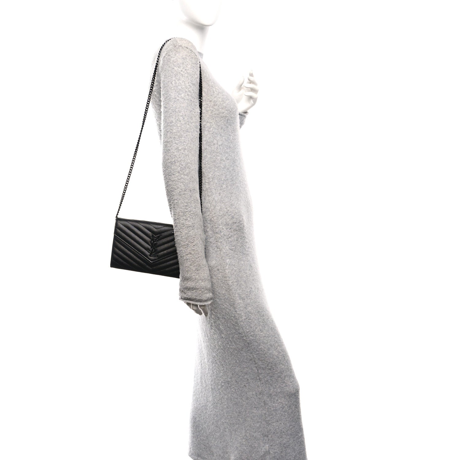 Saint Laurent Grain De Poudre Matelasse Chevron Monogram Monochrome Chain Wallet Black 2 of 11