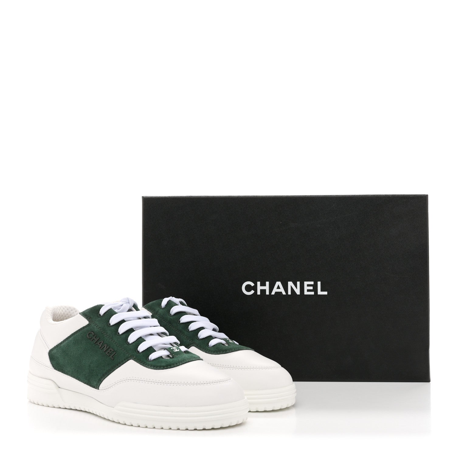 Chanel Calfskin Suede Calfskin Logo Womens Sneakers 37.5 White Dark Green 10 of 10