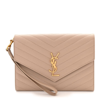 Saint Laurent Grain De Poudre Matelasse Chevron Monogram Envelope Clutch Dark Beige 1 of 11