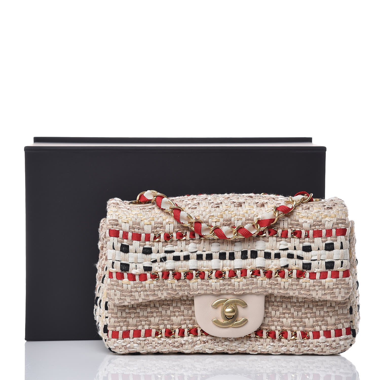 Chanel Cotton Raffia Lambskin Woven Mini Rectangular Flap Beige Red Black 8 of 8