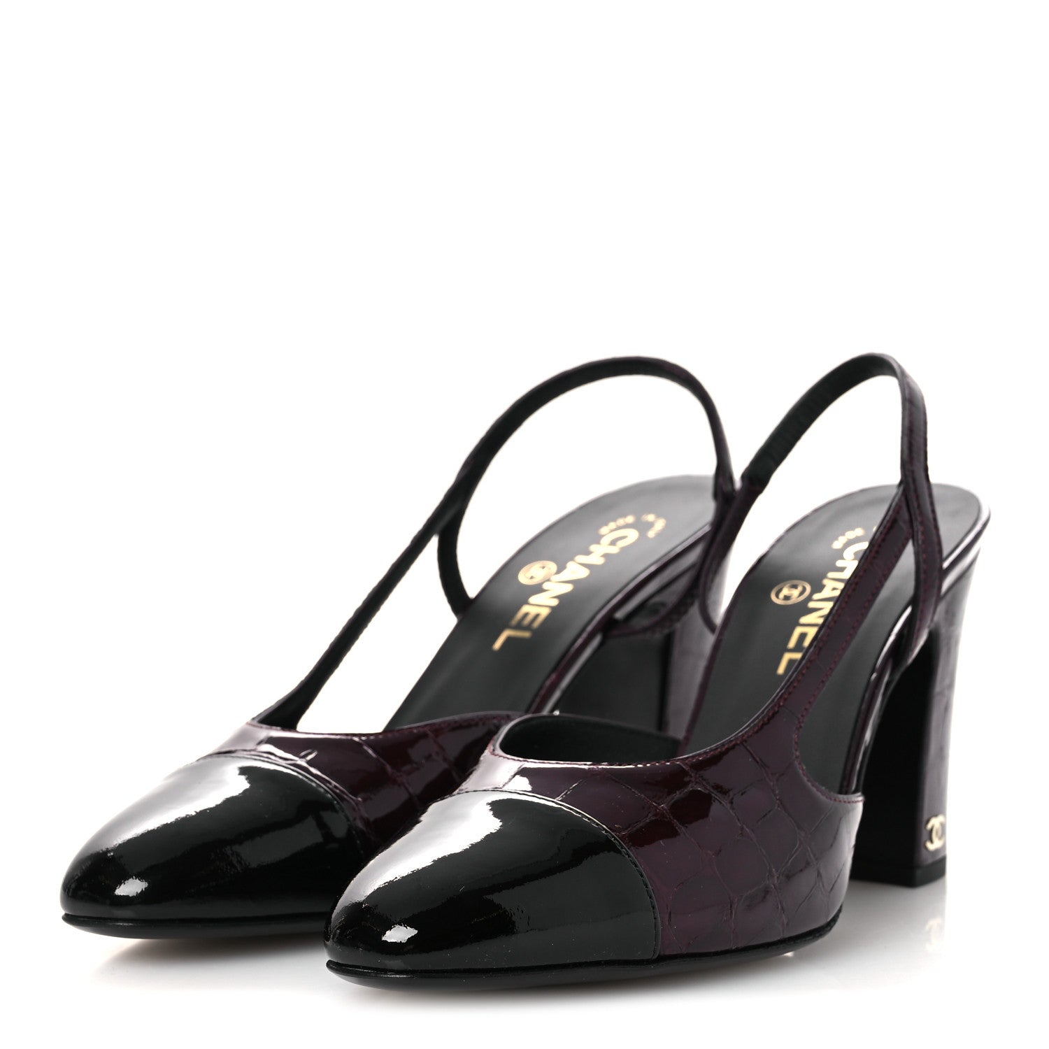 Chanel Patent Calfskin Crocodile Embossed Cap Toe CC Slingback 39 Dark Burgundy Black 4 of 13