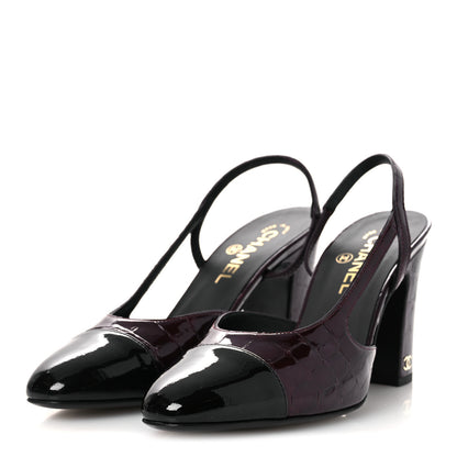 Chanel Patent Calfskin Crocodile Embossed Cap Toe CC Slingback 39 Dark Burgundy Black 4 of 13