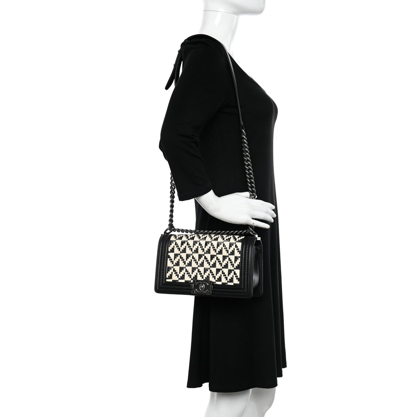 Calfskin Woven Medium Boy Flap Black White