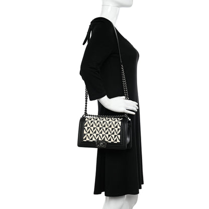 Chanel Calfskin Woven Medium Boy Flap Black White 2 of 10