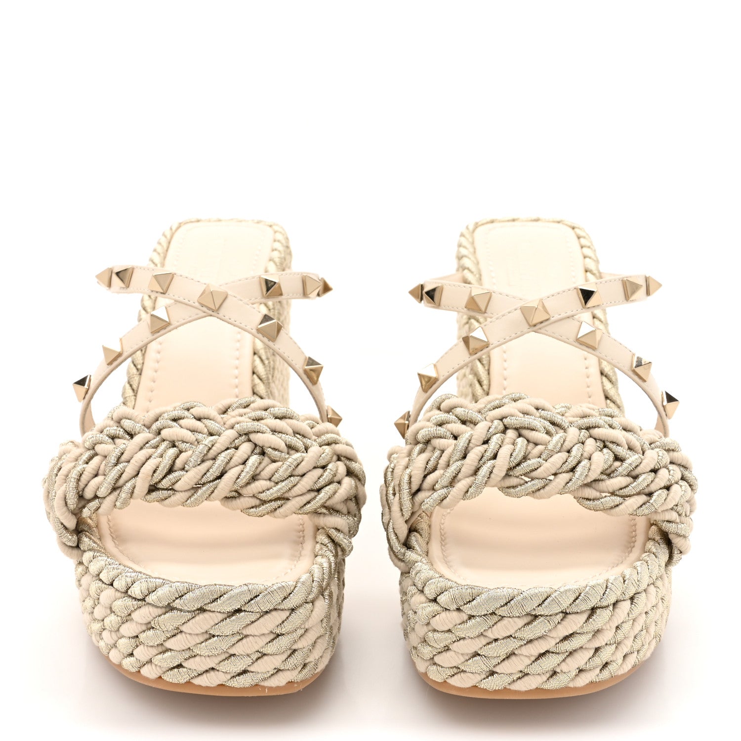 Valentino Garavani Metallic Nappa Rockstud Espadrille Wedge 25/90mm Slide Sandals 39 Silver Beige 2 of 9