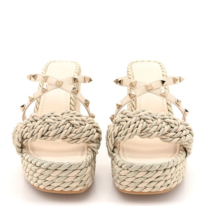 Valentino Garavani Metallic Nappa Rockstud Espadrille Wedge 25/90mm Slide Sandals 39 Silver Beige 2 of 9