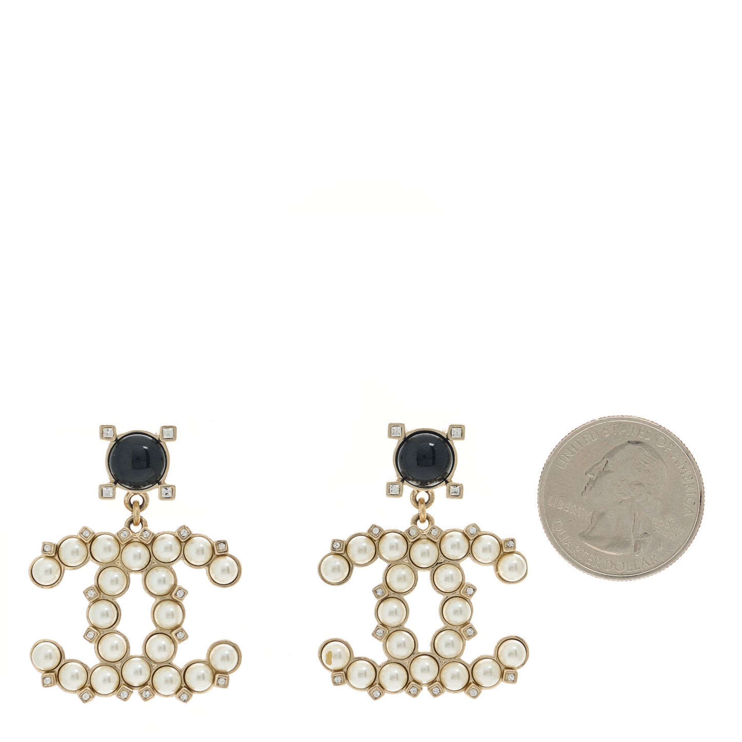 Resin Crystal Pearl CC Drop Earrings Black Gold