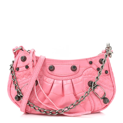 Balenciaga Extra Supple Calfskin Crocodile Embossed Le Cagole Mini Purse With Chain Sweet Pink 1 of 10