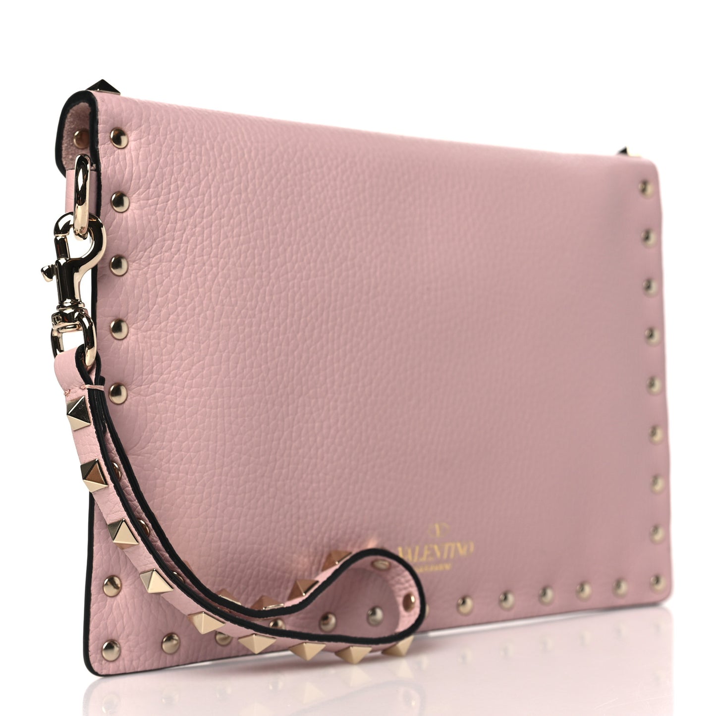 Pebbled Calfskin Medium Rockstud Envelope Flat Wristlet Pouch Water Rose