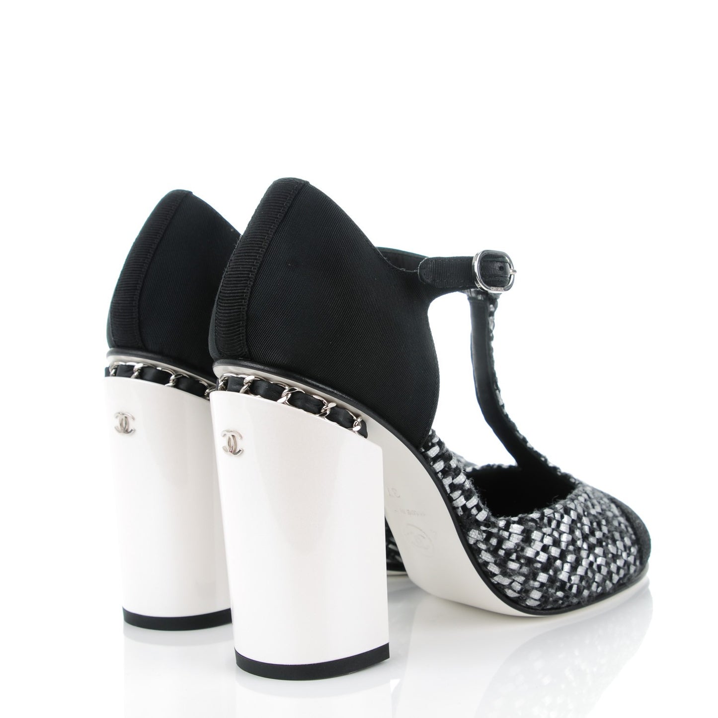 Tweed Grosgrain Chain T-Strap Pumps 37 Black Silver