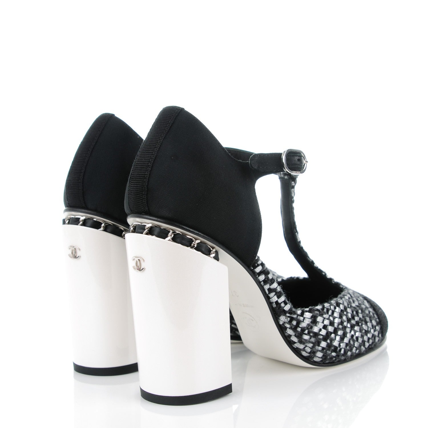 Chanel Tweed Grosgrain Chain T-Strap Pumps 37 Black Silver 4 of 8