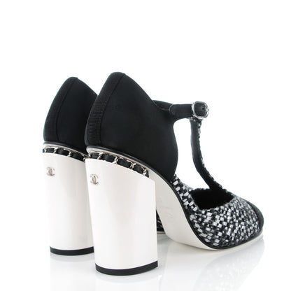Chanel Tweed Grosgrain Chain T-Strap Pumps 37 Black Silver 4 of 8