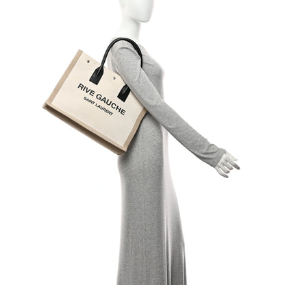 Saint Laurent Linen Calfskin Small Rive Gauche Tote Greggio Natural 2 of 10