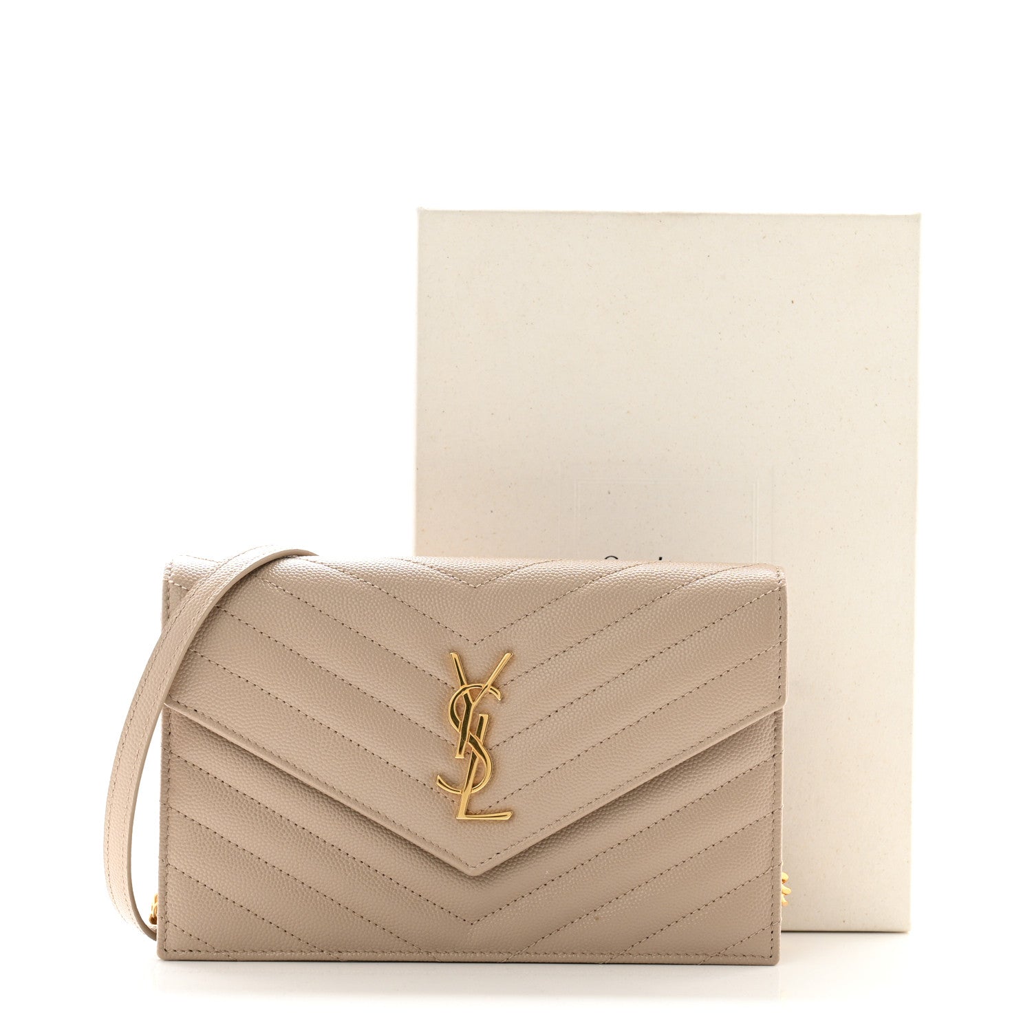 Saint Laurent Grain De Poudre Matelasse Chevron Monogram Envelope Chain Wallet Dark Beige 10 of 10