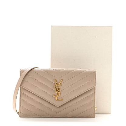 Saint Laurent Grain De Poudre Matelasse Chevron Monogram Envelope Chain Wallet Dark Beige 10 of 10