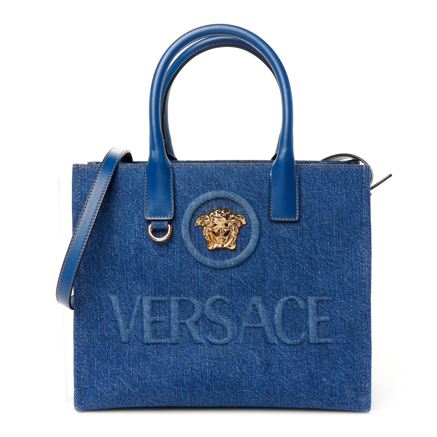 Versace Denim Calfskin La Medusa Small Tote Bag Blue 1 of 10