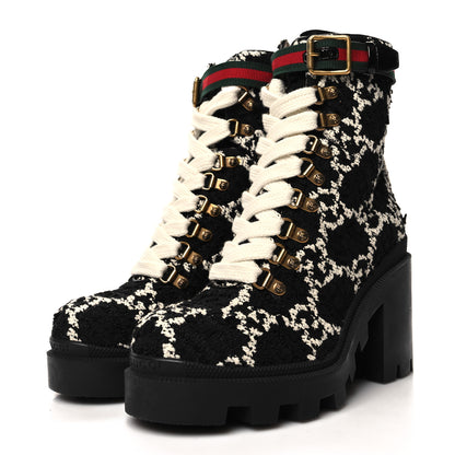 Gucci Tweed GG Monogram Lace Up Combat Ankle Boots 36.5 Black 3 of 8