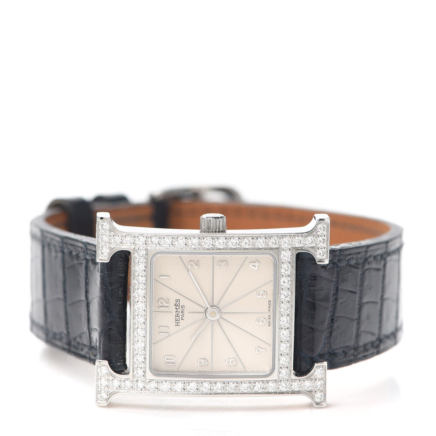 Hermes Stainless Steel Alligator Diamond Bezel Mother of Pearl 21mm Heure H Hour Quartz Watch Noir 2 of 4