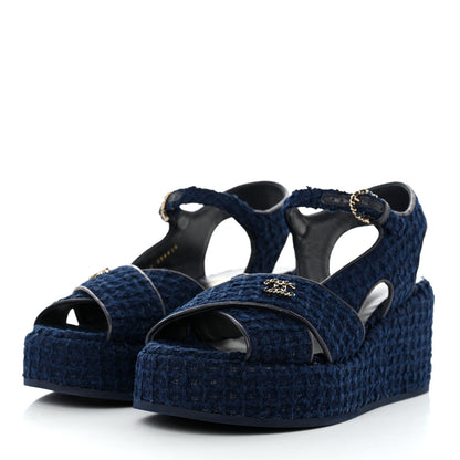 Chanel Cotton Tweed Quilted CC Platform Sandals 40 Blue 3 of 9