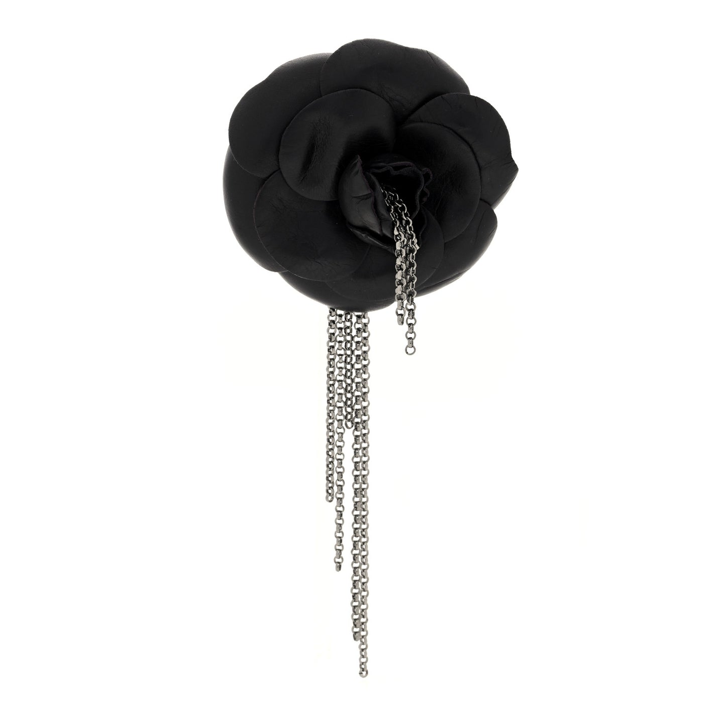 Calfskin Metal Camellia Brooch Black Silver