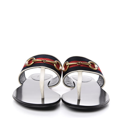 Gucci Calfskin Horsebit Web Thong Sandals 37.5 White Black 2 of 8