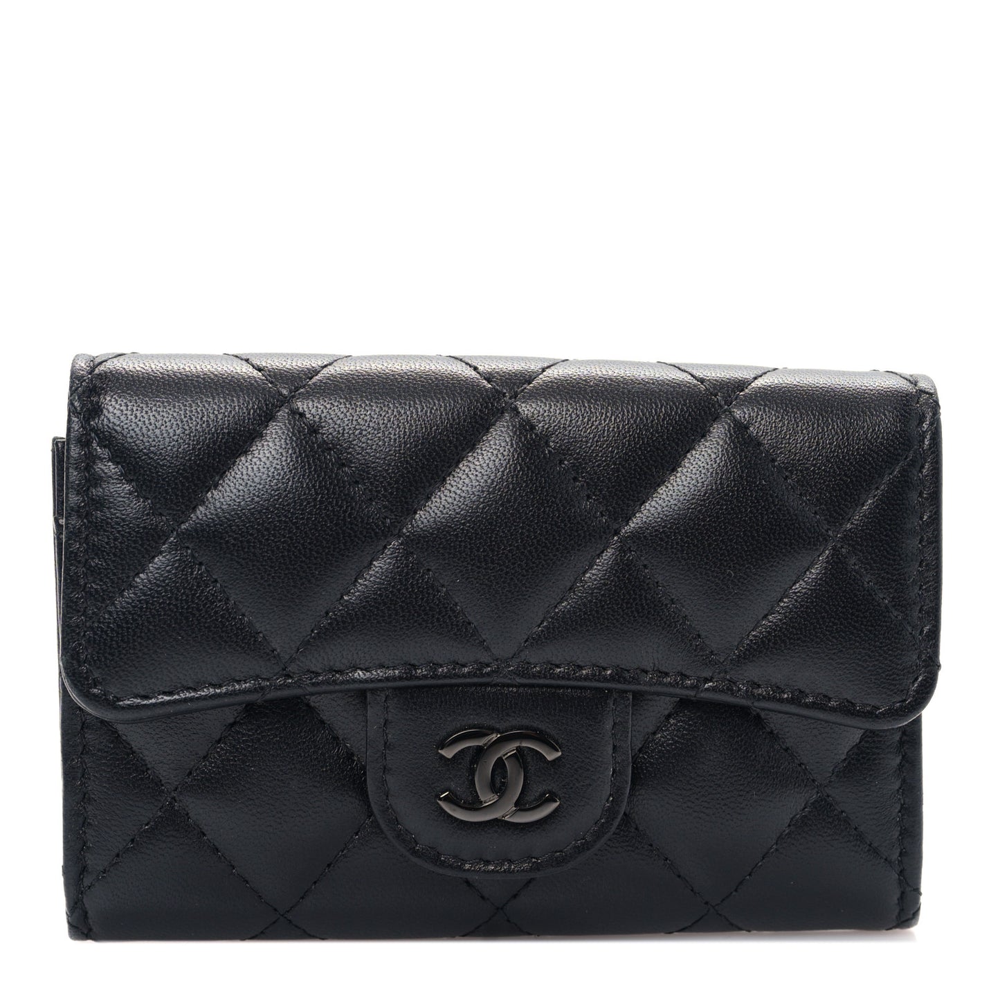 Lambskin Quilted Flap Card Holder Wallet So Black
