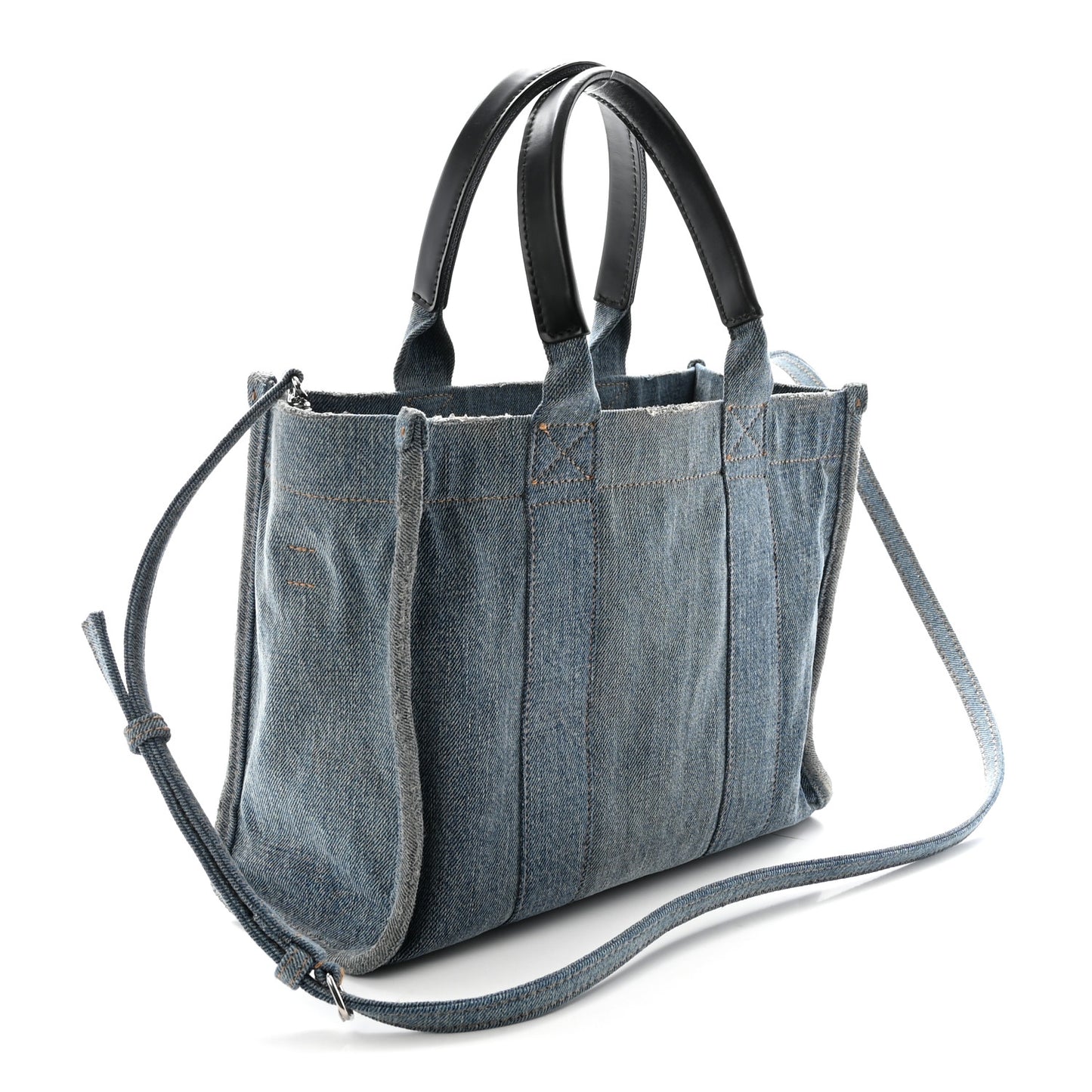 Washed Frayed Denim Logo Small Hardware Tote Blue