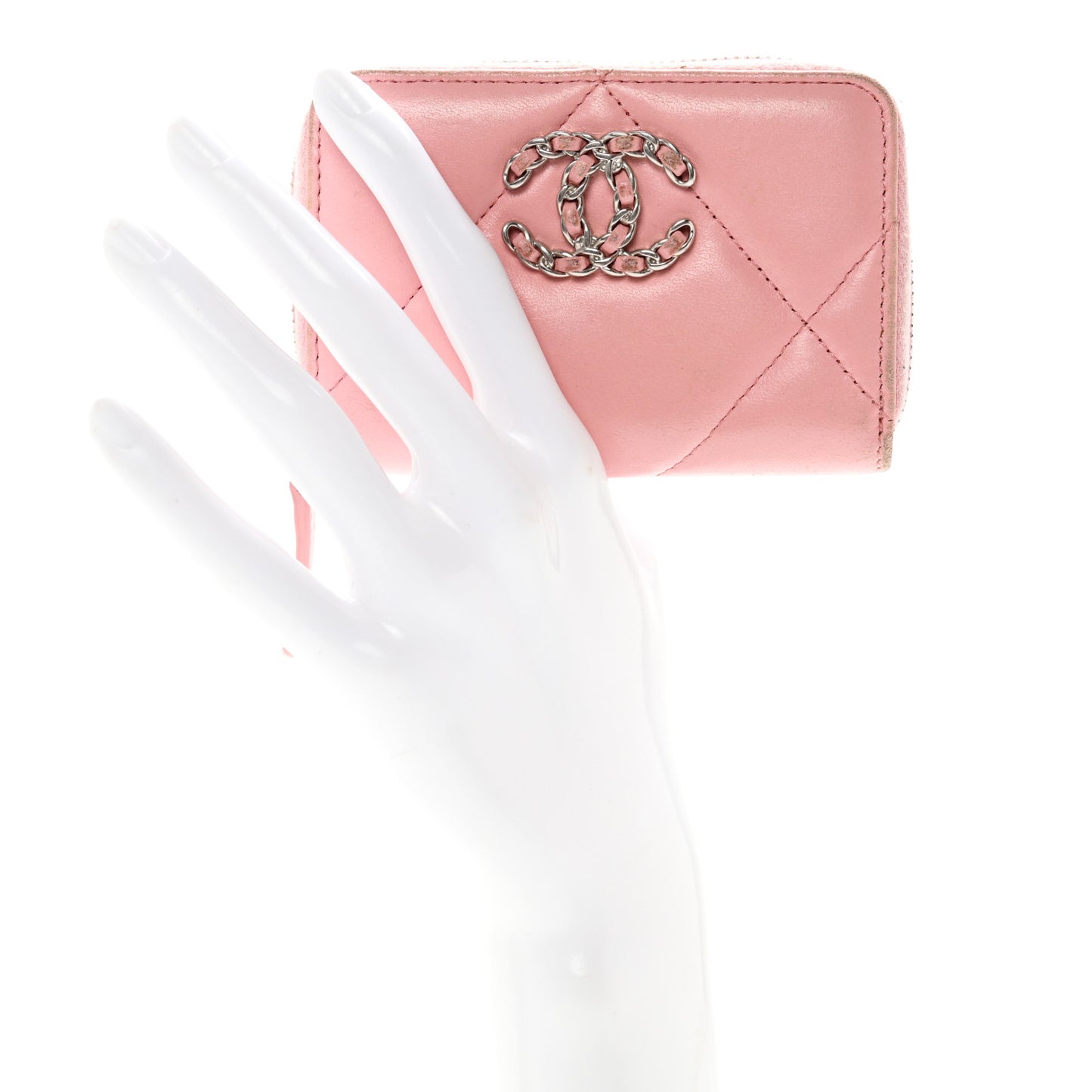 Lambskin Quilted Chanel 19 Zip Around Coin Purse Wallet Light Pink